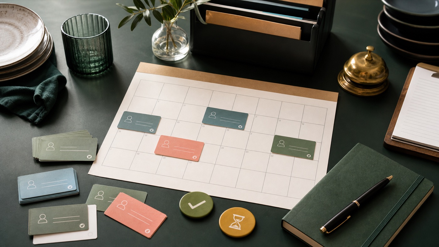 Calendario con schede disponibilità e indicatori di richiesta approvata o in attesa
