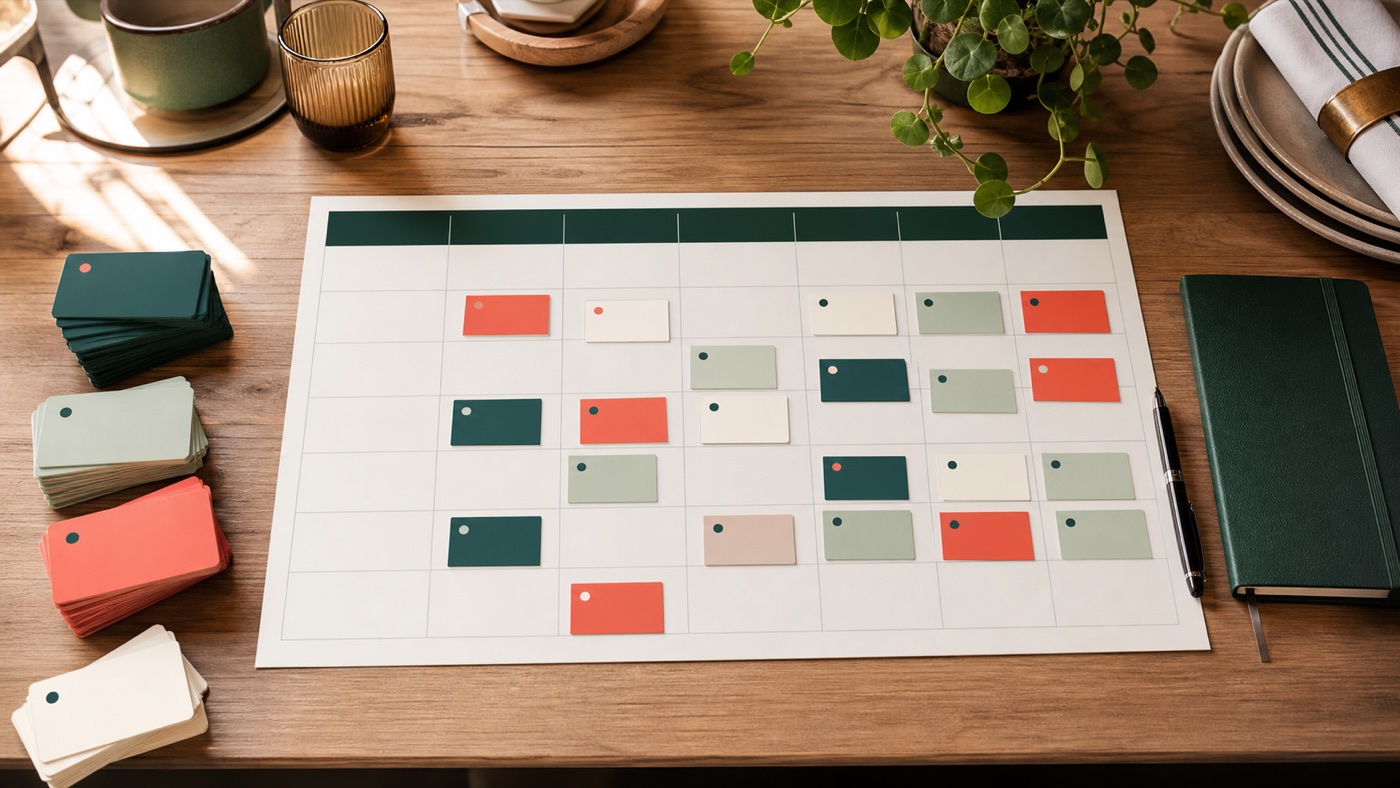 Calendario settimanale di un ristorante con schede turno colorate