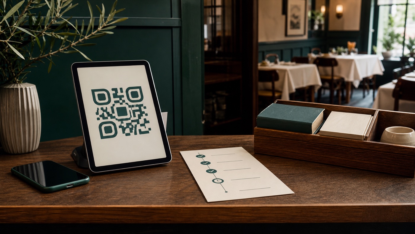Tablet per timbratura QR e sequenza di controlli delle presenze in un ristorante