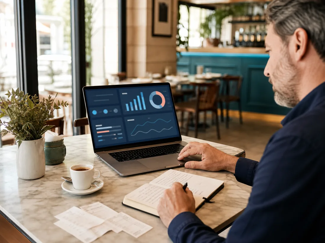 Manager di ristorante che controlla dati operativi su laptop