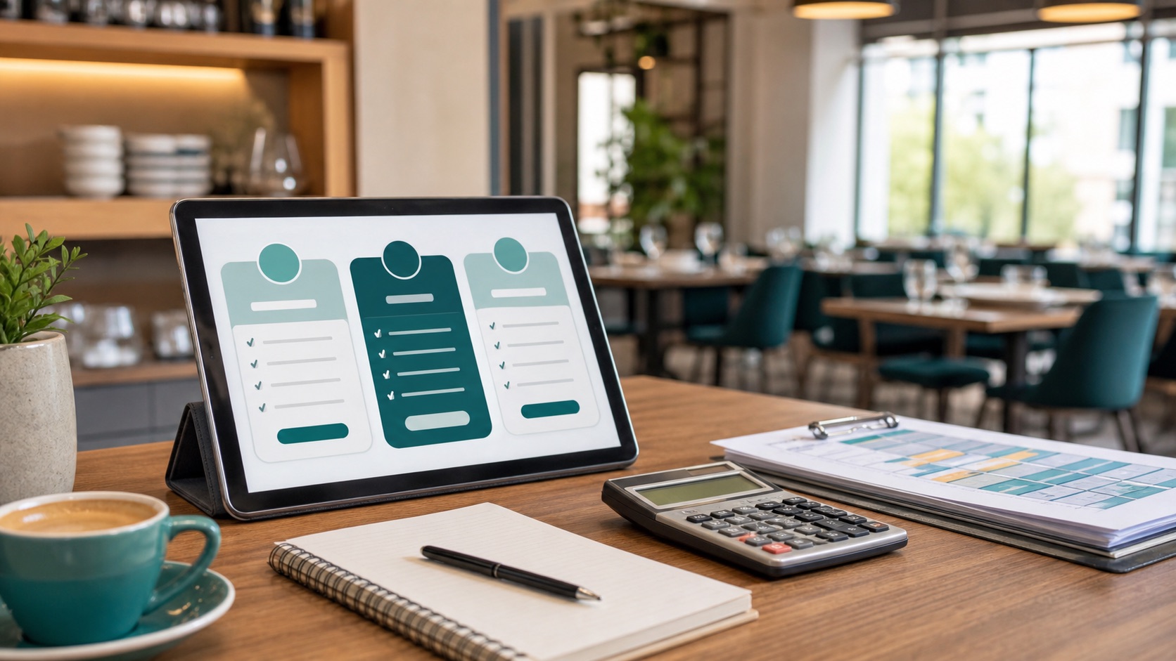 Tablet con confronto astratto dei piani Turni Ristorante
