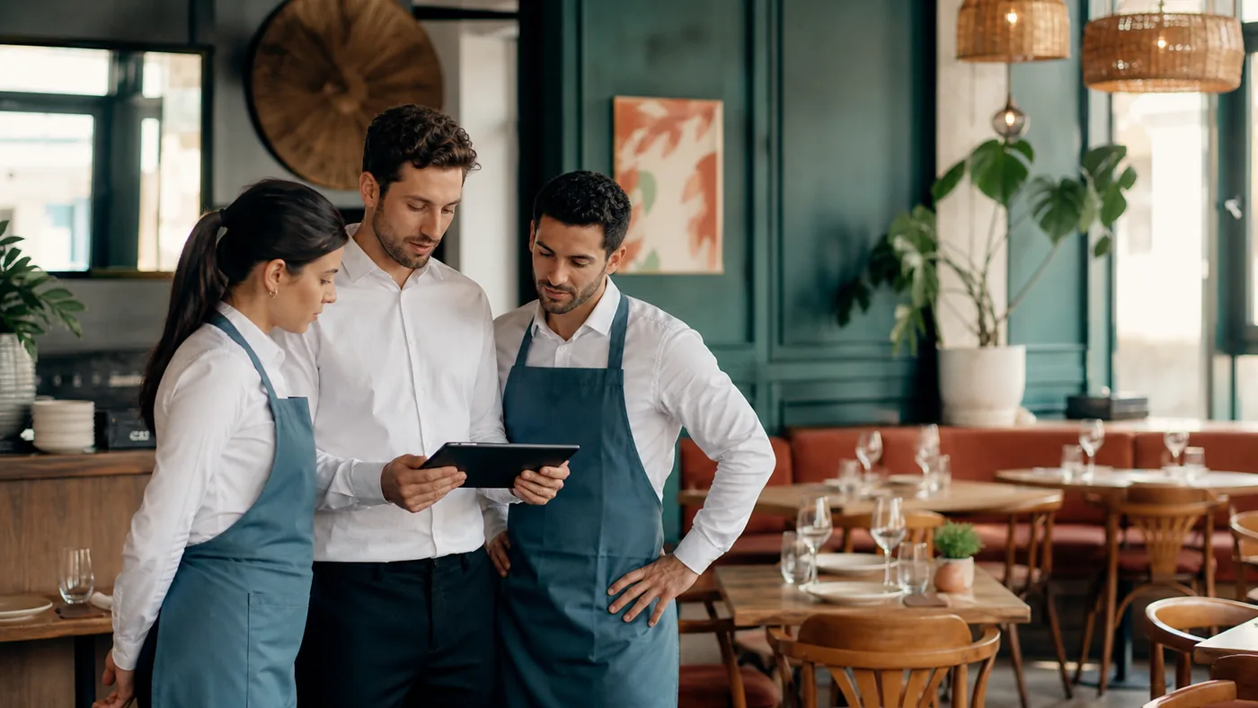 Team di ristorante che organizza i turni prima del servizio